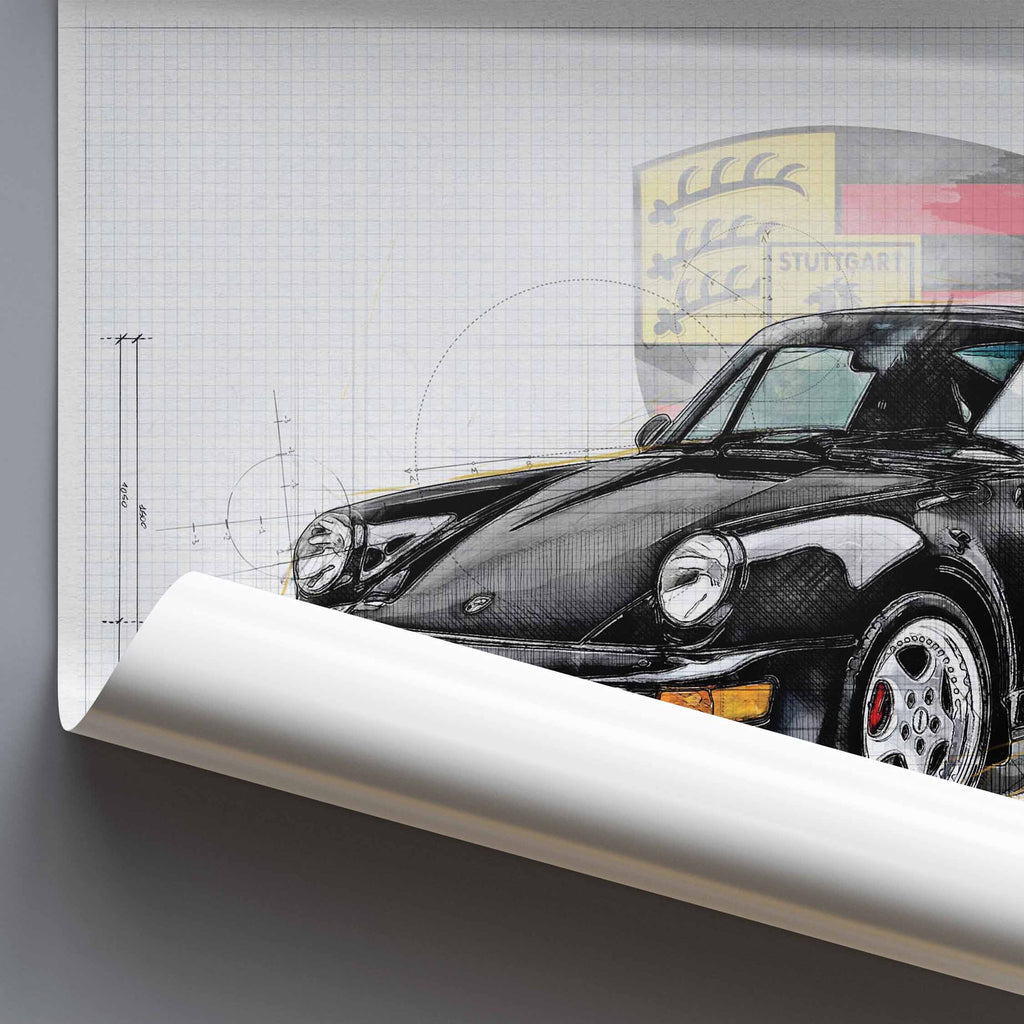 Rolled poster car design blueprint with a Porsche 911 964 on a gray background