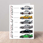 Greeting card with illustrations of Porsche cars on a white background