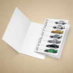 Greeting card with Porsche 911 evolution illustration on a beige background