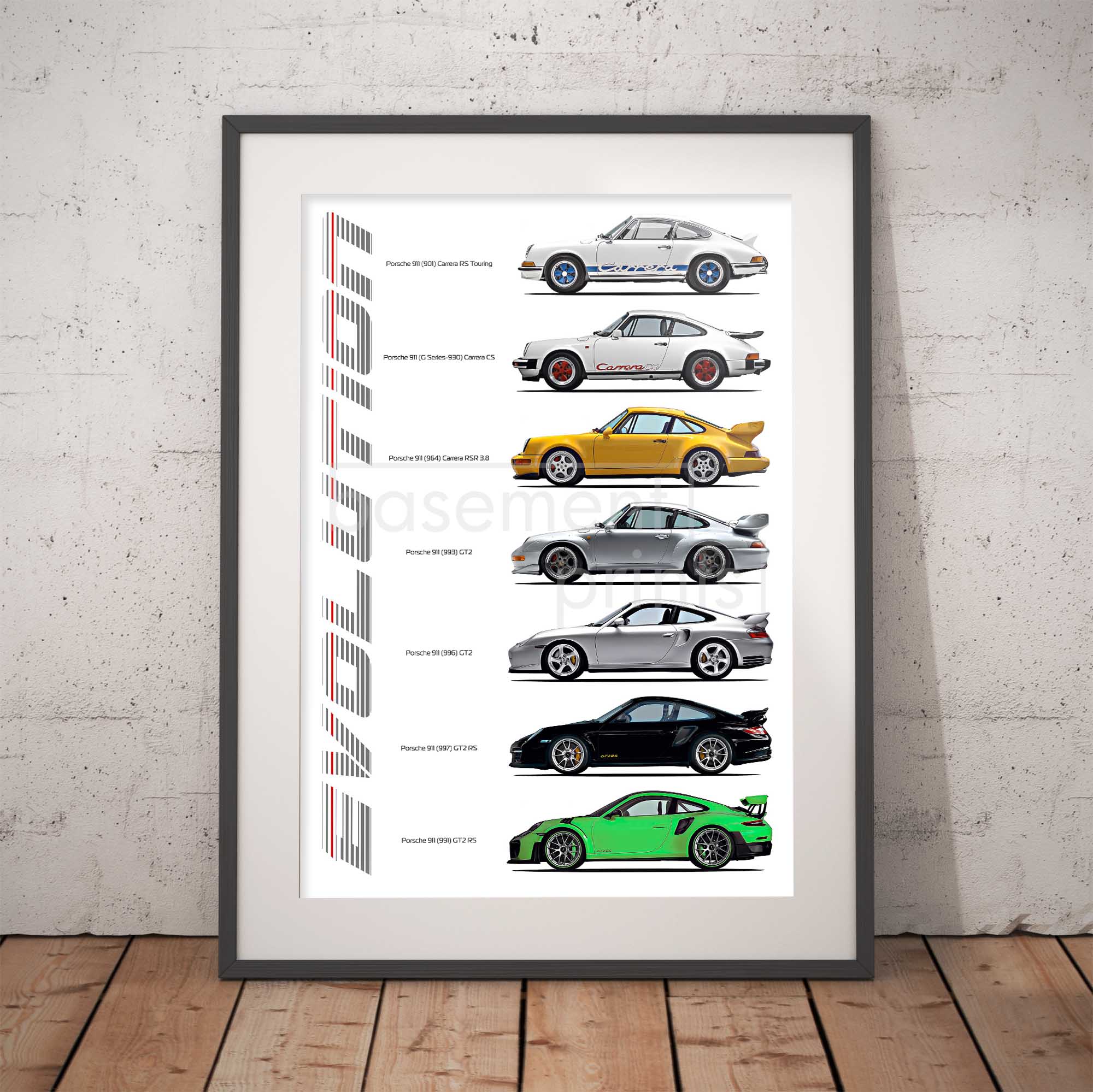 Framed poster of Porsche car models on a white wall.