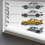 Porsche cars displayed on a white background with branding elements.