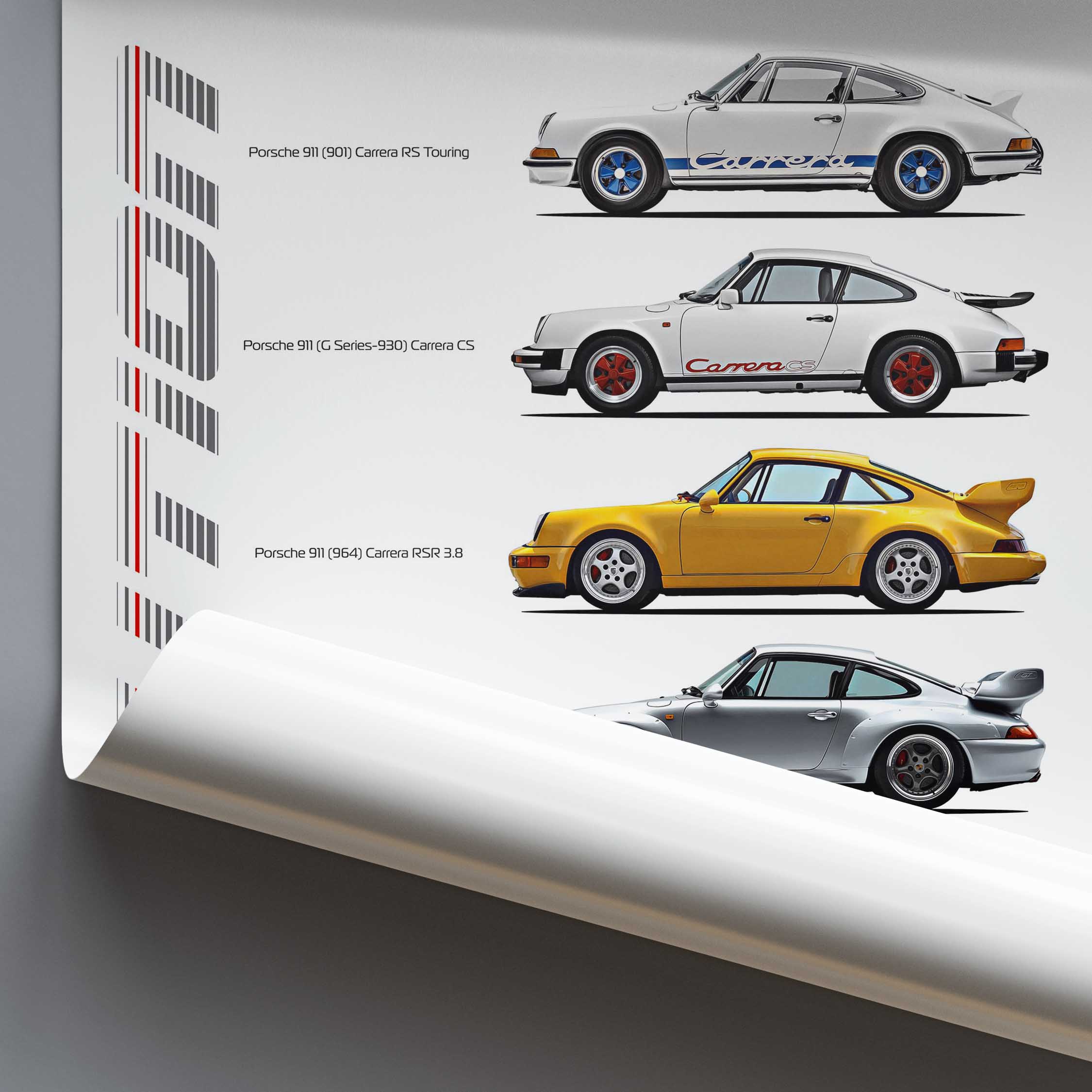 Porsche cars displayed on a white background with branding elements.