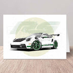 Greeting card of a Porsche 911 GT3 RS with a green circle on a white background.