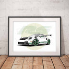 Framed poster of a Porsche 911 GT3 RS with a green circle on a white brick background and wooden floor.