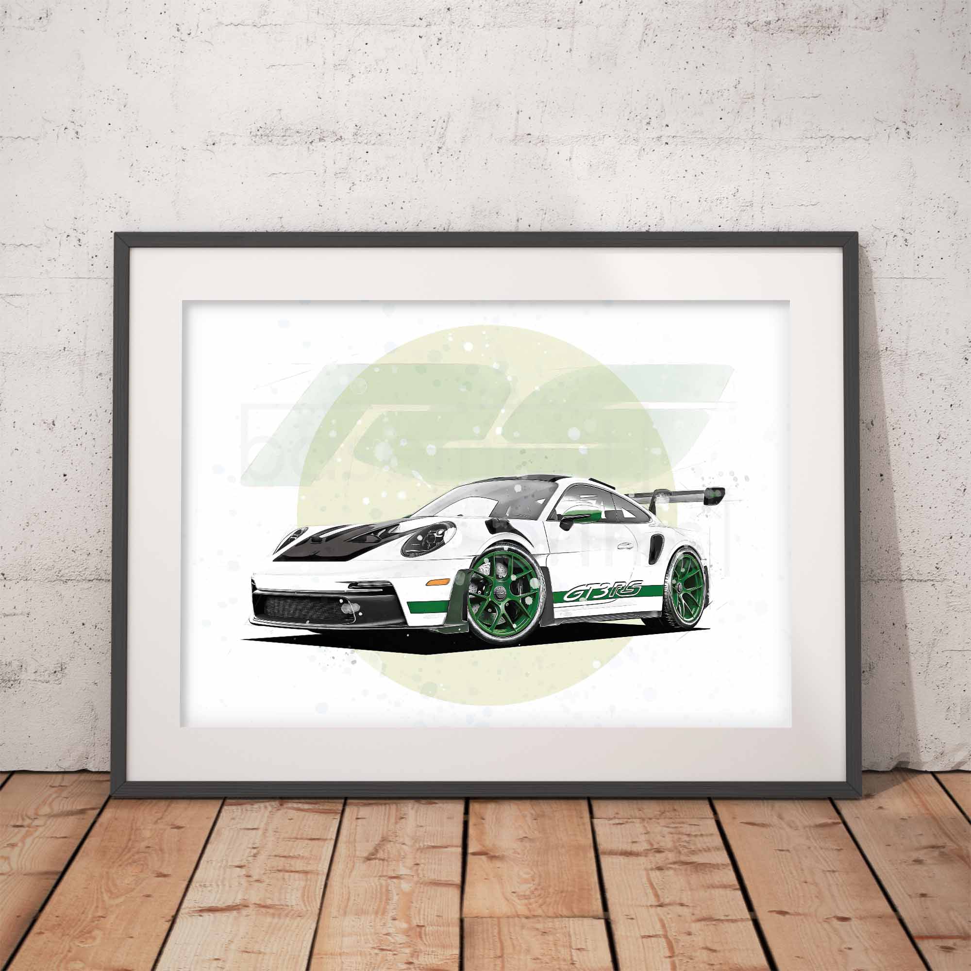 Framed poster of a Porsche 911 GT3 RS with a green circle on a white brick background and wooden floor.