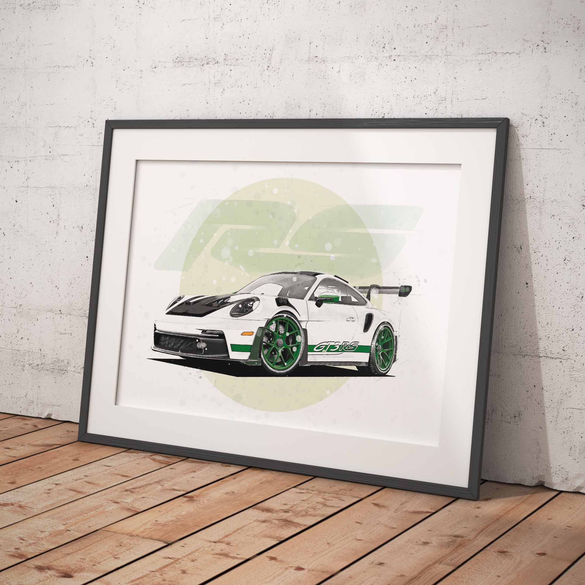 Artwork of a Porsche 911 GT3 RS with a green circle on a white brick background and wooden floor.
