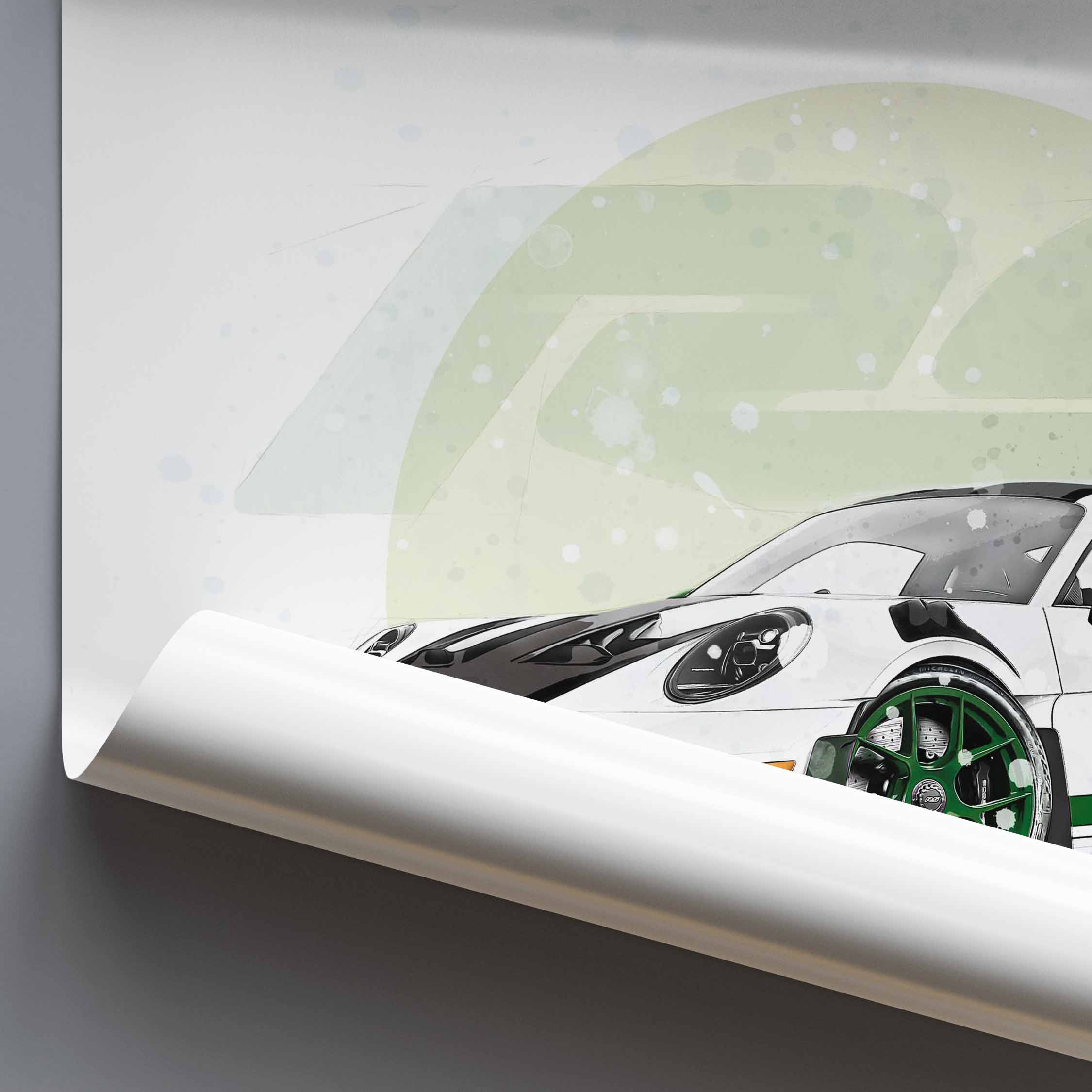 Rolled poster of a Porsche 911 GT3 RS with a green circle on a grey background.