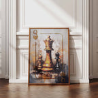 A framed painting of a queen chess pieces on a playing card design, leaning against a white panelled wall on a wooden floor.