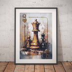 Framed wall art leaning against a light textured wall on a wooden floor, showing an abstract painting of a queen chess pieces inspired by a playing card design with a gold queen and black/white pawns.