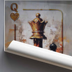 A rolled sheet of wall art  shown against a gray wall, revealing a printed design with a large gold chess queen motif, abstract brushstrokes, and a stylized heart-shaped letter Q.