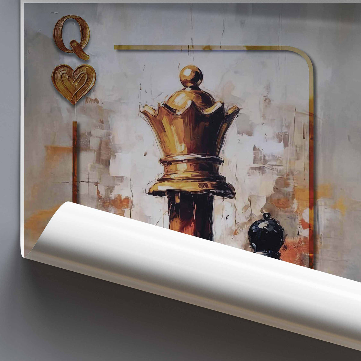 A rolled sheet of wall art  shown against a gray wall, revealing a printed design with a large gold chess queen motif, abstract brushstrokes, and a stylized heart-shaped letter Q.