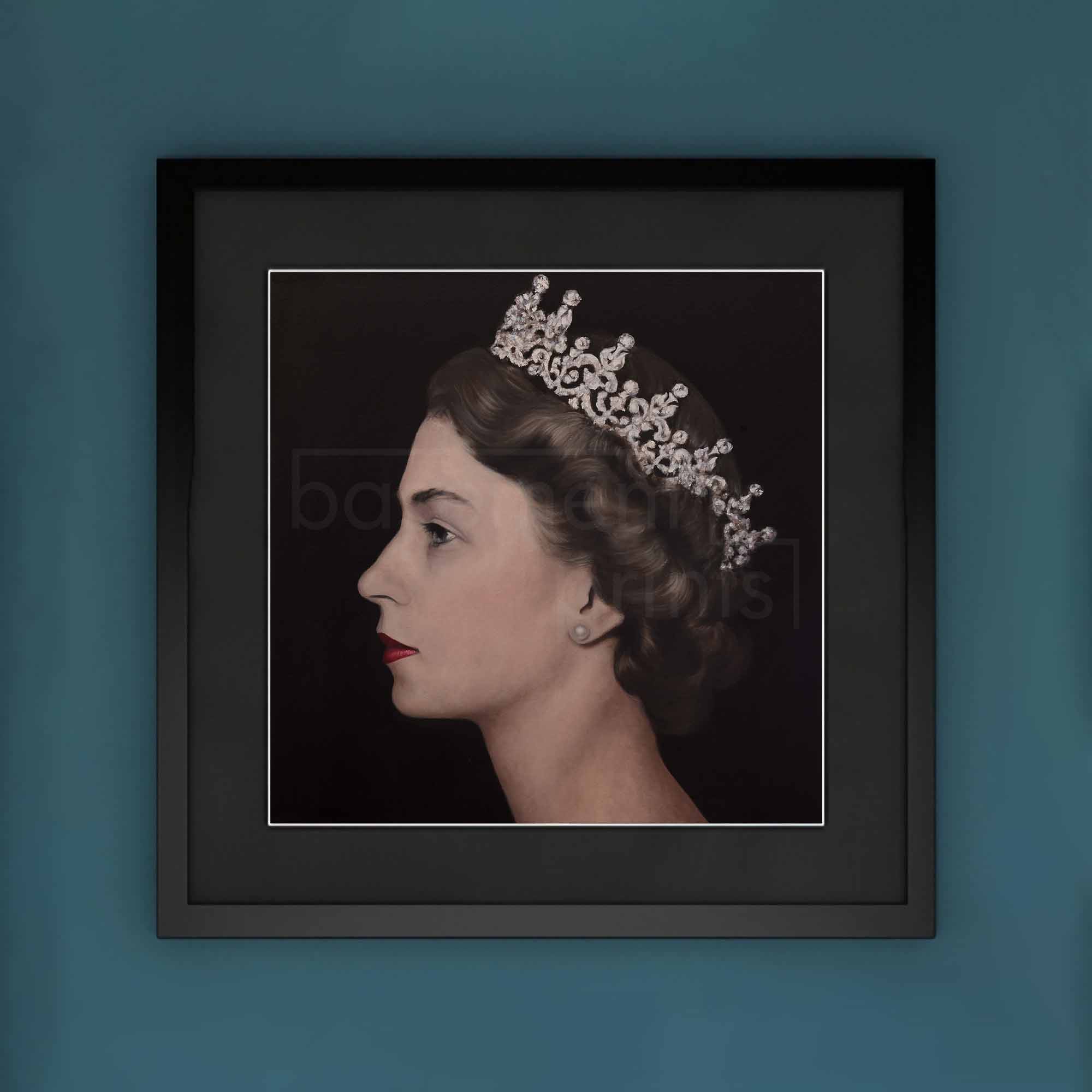 Framed portrait of a Queen Elizabeth II wearing a tiara on a dark background