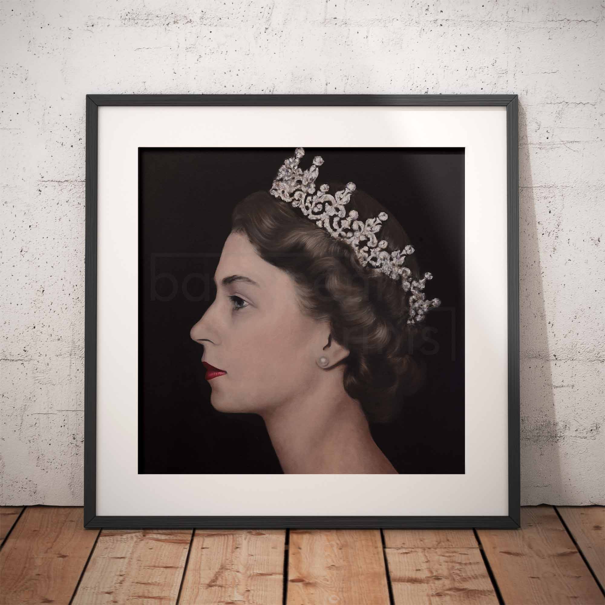 Framed portrait of Queen Elizabeth II wearing a crown against a black background