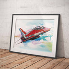 Framed artwork of a Red Arrows aircraft on a white brick wall with wooden floor