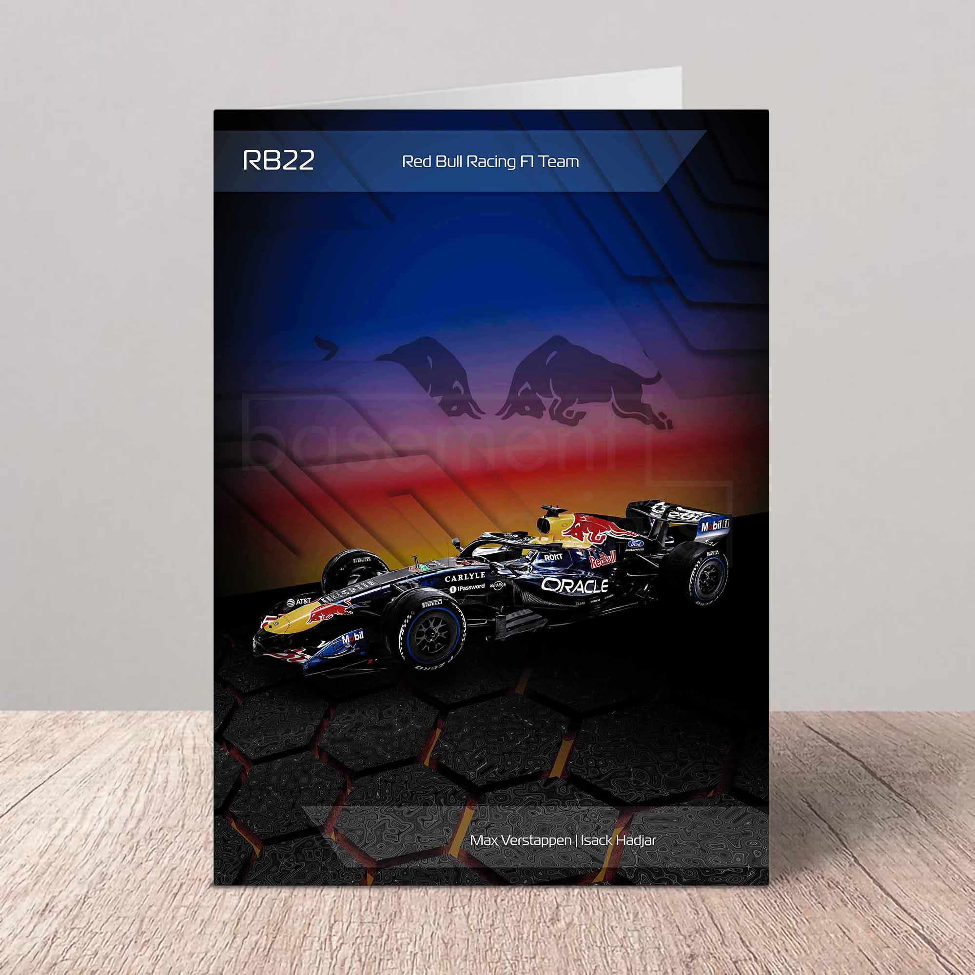 Greeting card of the Red Bull RB22 2026 Formula 1 car on a grey background