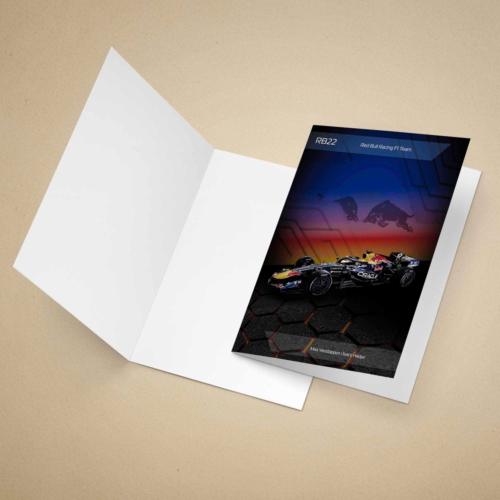 Greeting card of the Red Bull RB22 Formula 1 car on a beige background