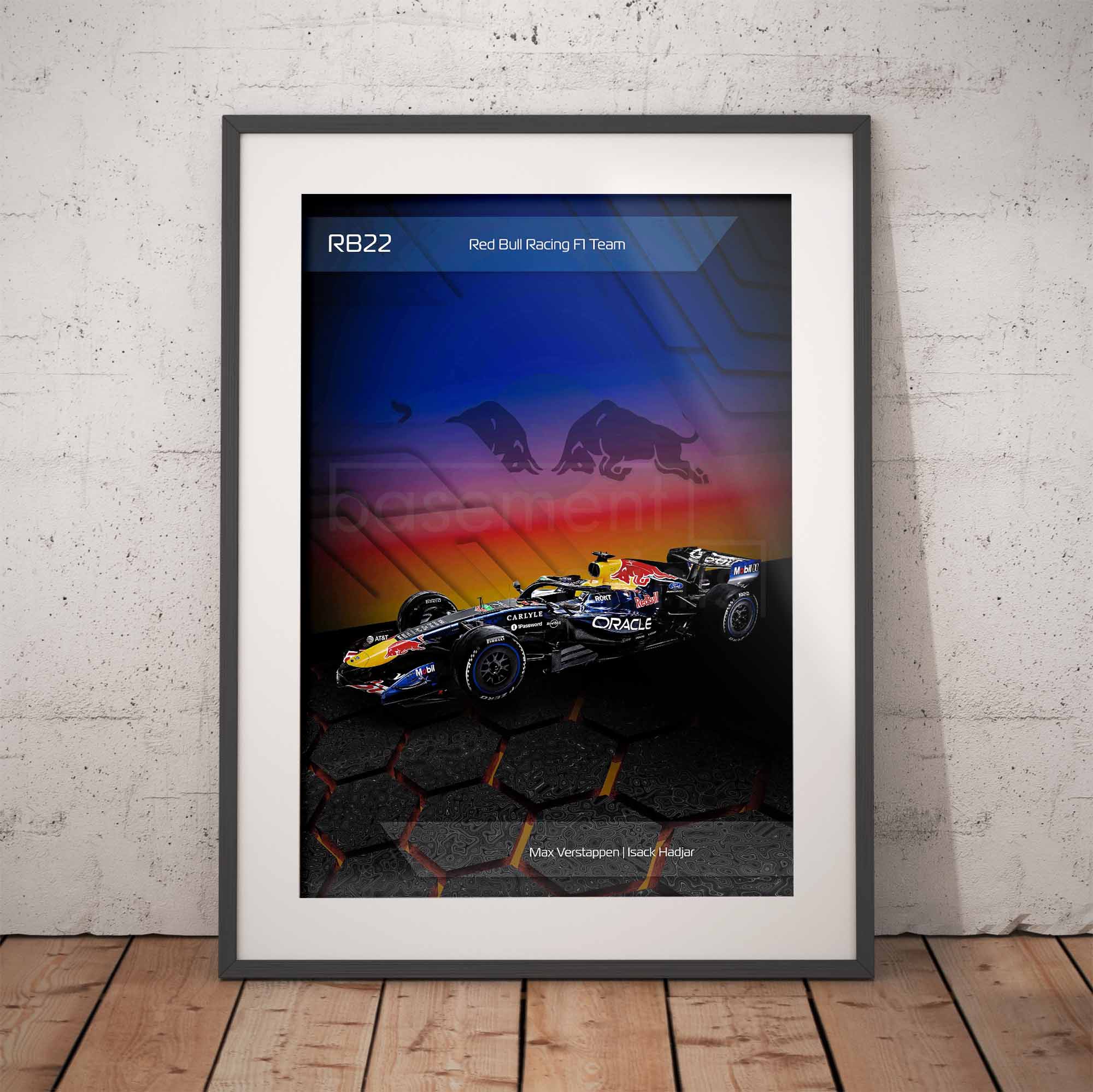 Framed poster of the Red Bull RB22 2026 Formula 1 car on a brick wall background