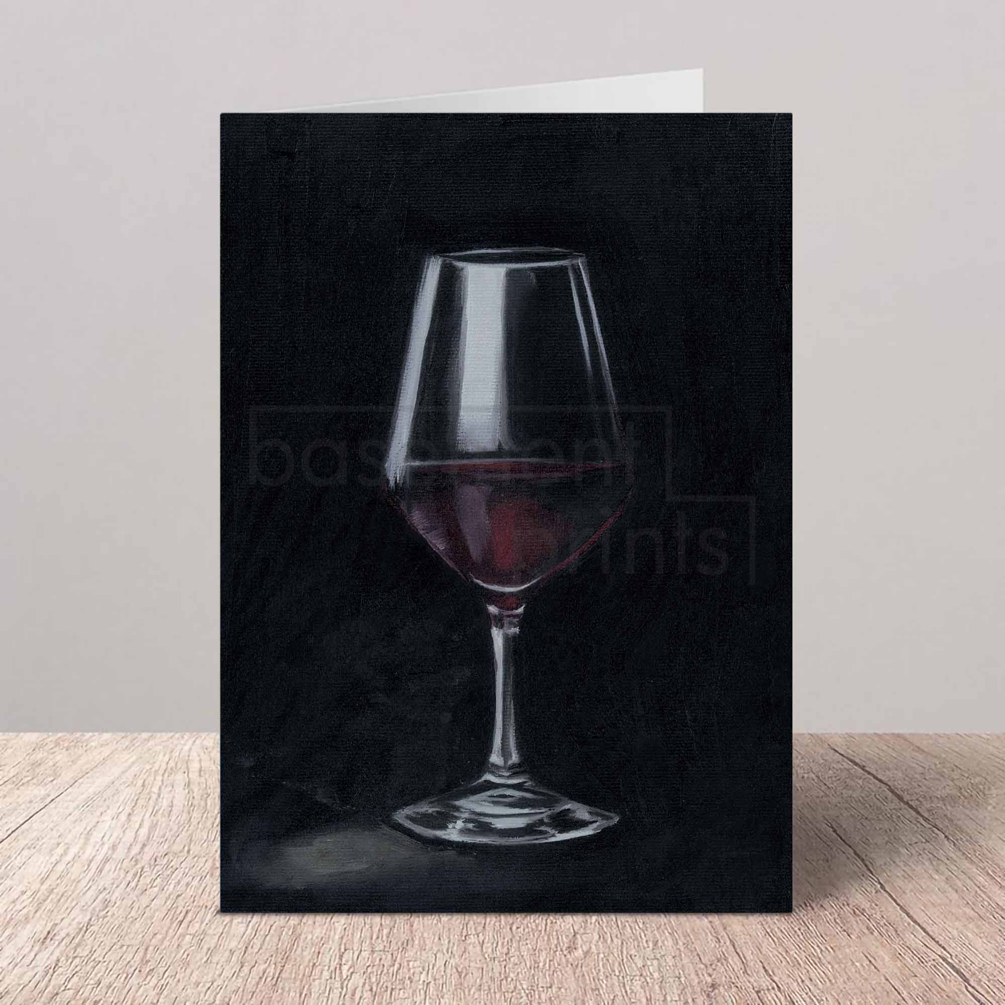 Greeting Card with an oil painted red wine glass on a black background.
