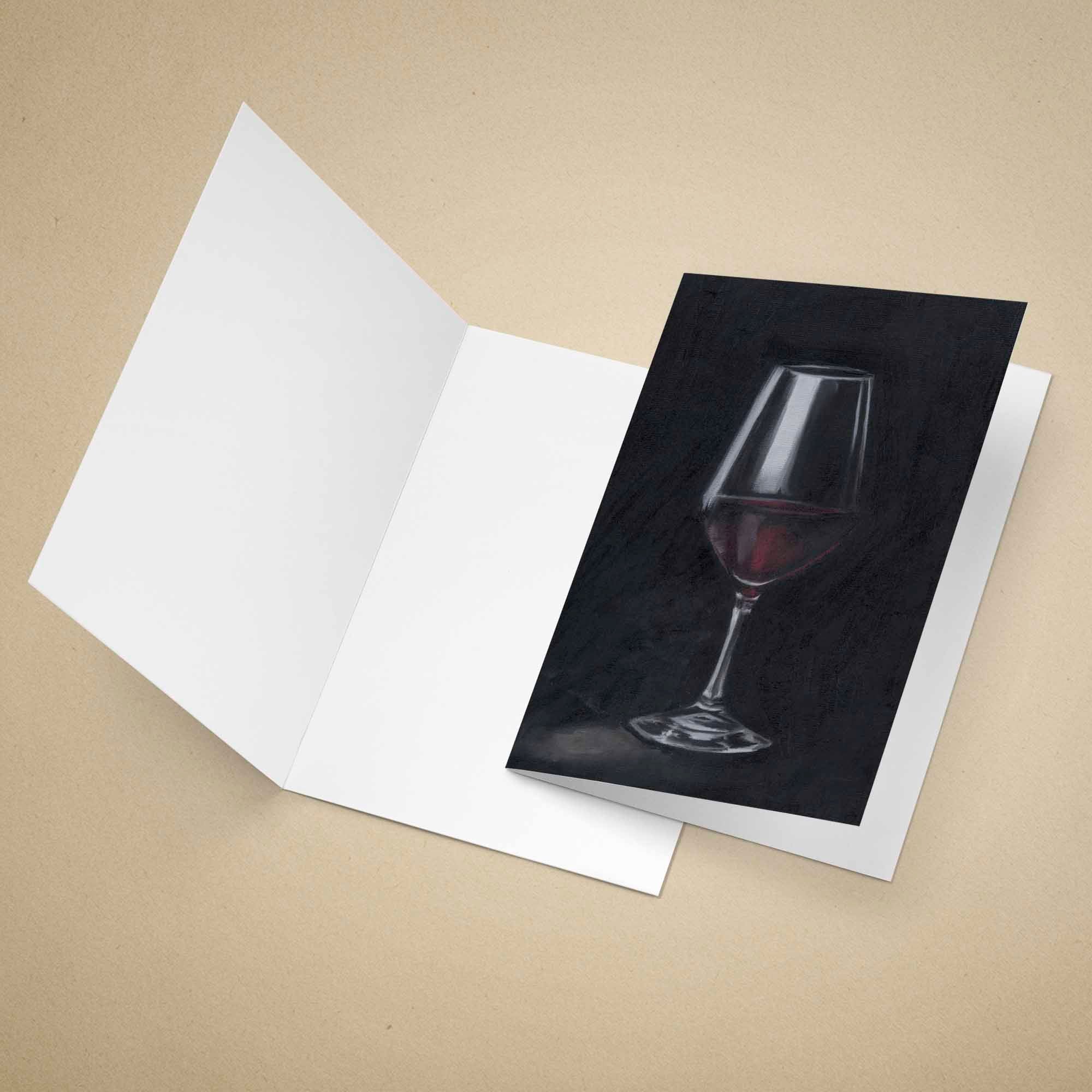 Greeting Card with a dark oil painted red wine glass on a beige background.