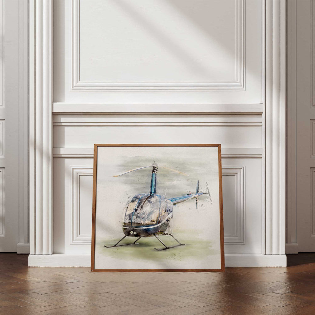 Framed artwork of a helicopter on a wall with decorative molding.
