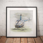Framed artwork of an R22 helicopter in watercolour.