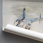 Watercolour painting of a Robinson R22 helicopter in blue