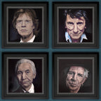 Four framed portraits of each member of The Rolling Stones on a blue background