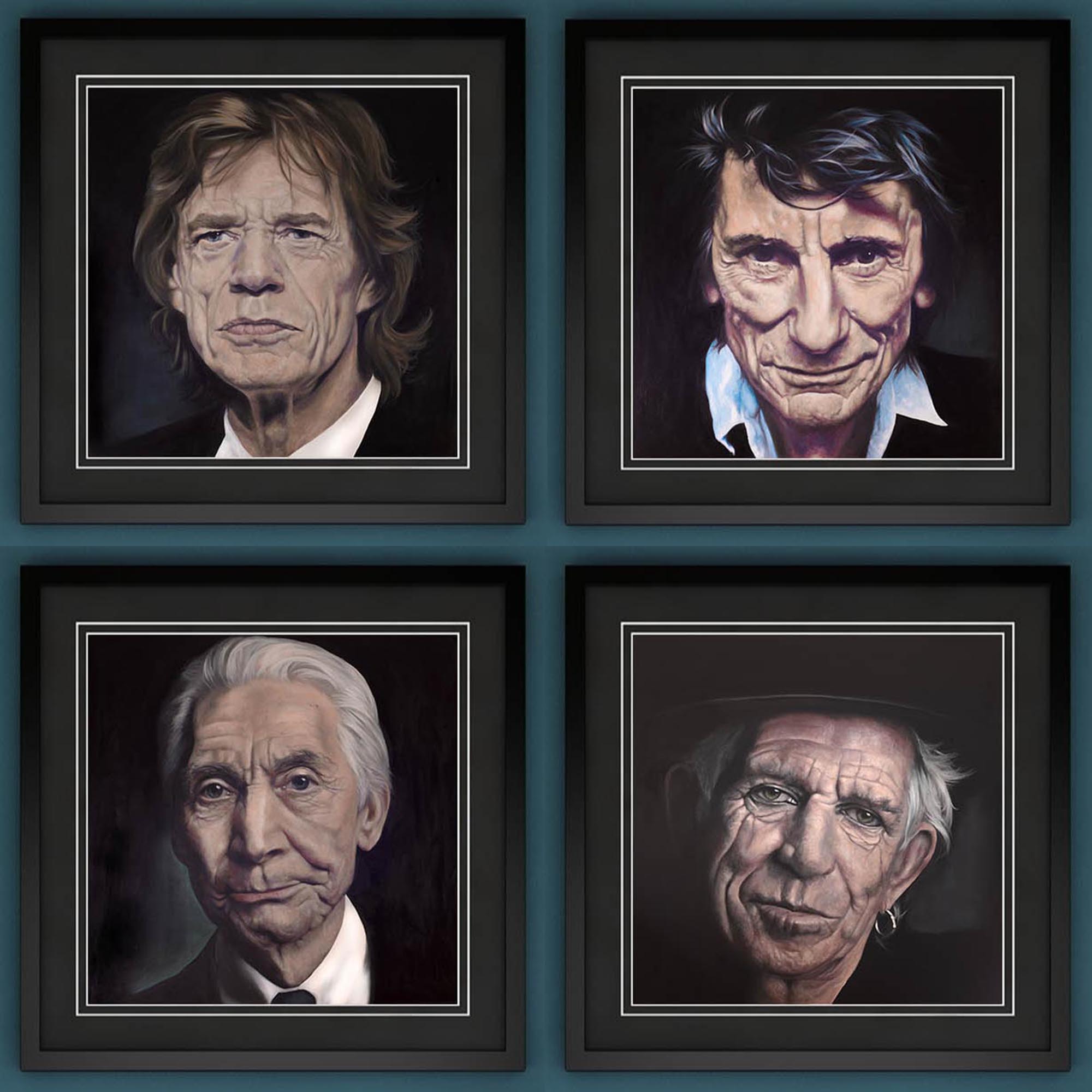 Four framed portraits of each member of The Rolling Stones on a blue background