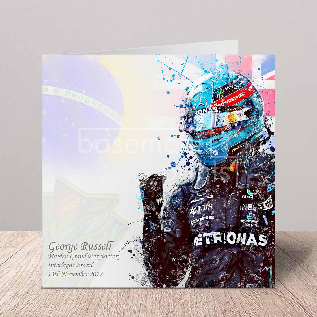 Greeting card with George Russell in a racing suit and helmet, featuring a colourful design with flags.