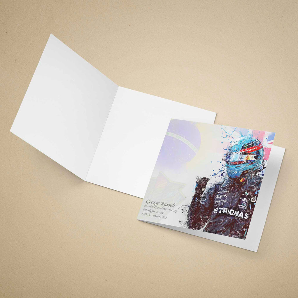 Greeting card with George Russell, featuring a colourful design with flags on a beige backround.