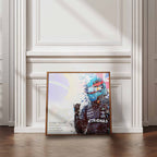 Framed artwork of  George Russell after his first Formula 1 Win on a wall with wooden flooring.