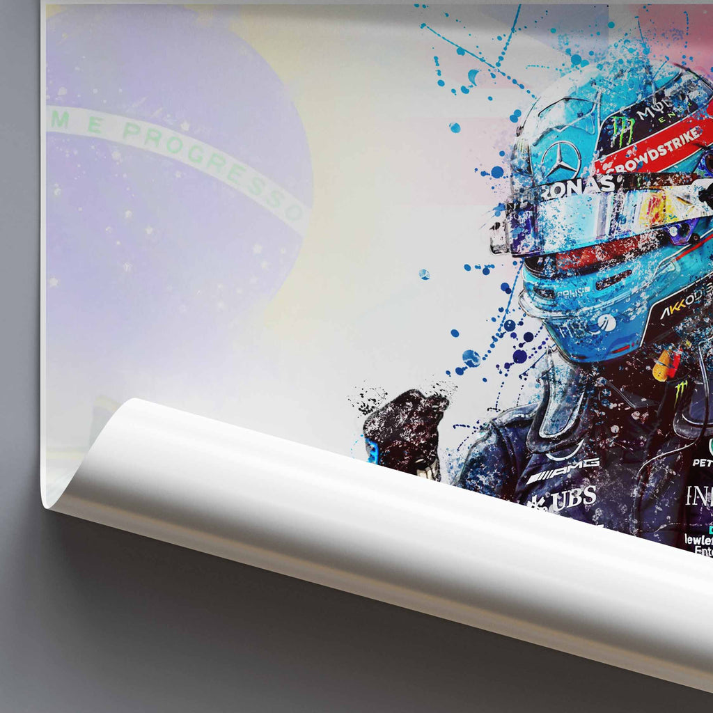 Rolled poster of George Russell after his first Formula 1 Win, featuring an American flag in the background.