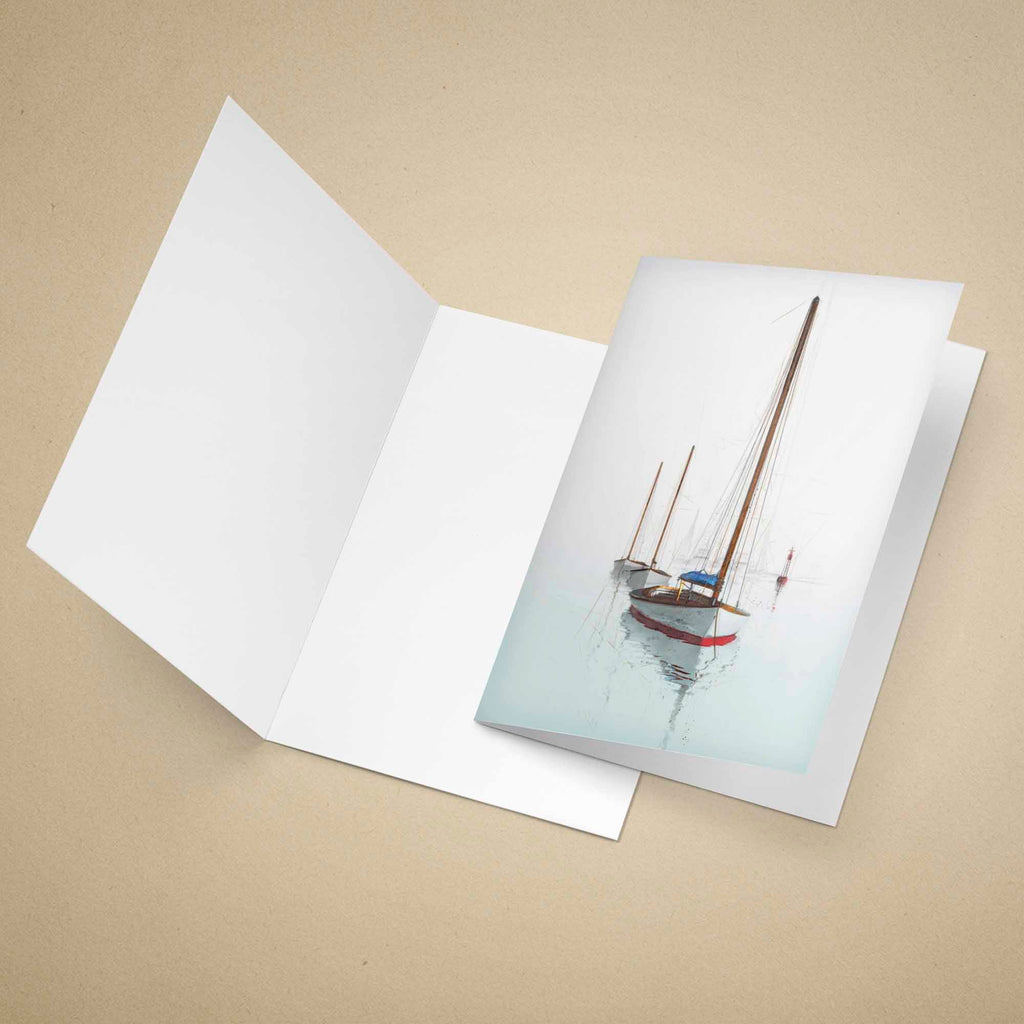 An open white greeting card on a warm beige background, with the front cover showing a printed photograph of a sailboat on calm water.
