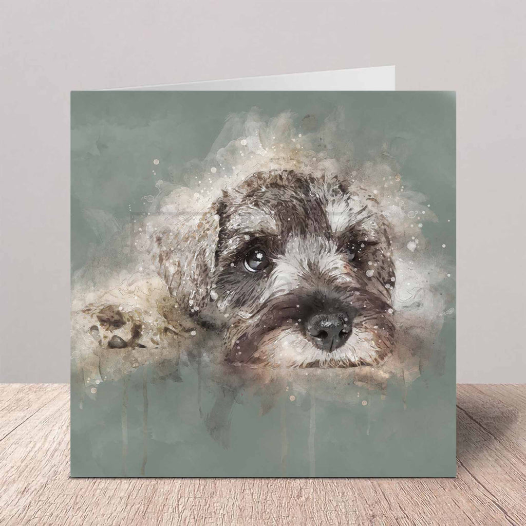 Greeting card with a Schnauzer dog illustration on a white background