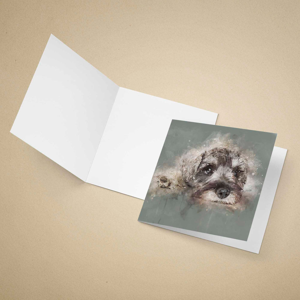 Greeting card with a Schnauzer dog illustration on a beige background