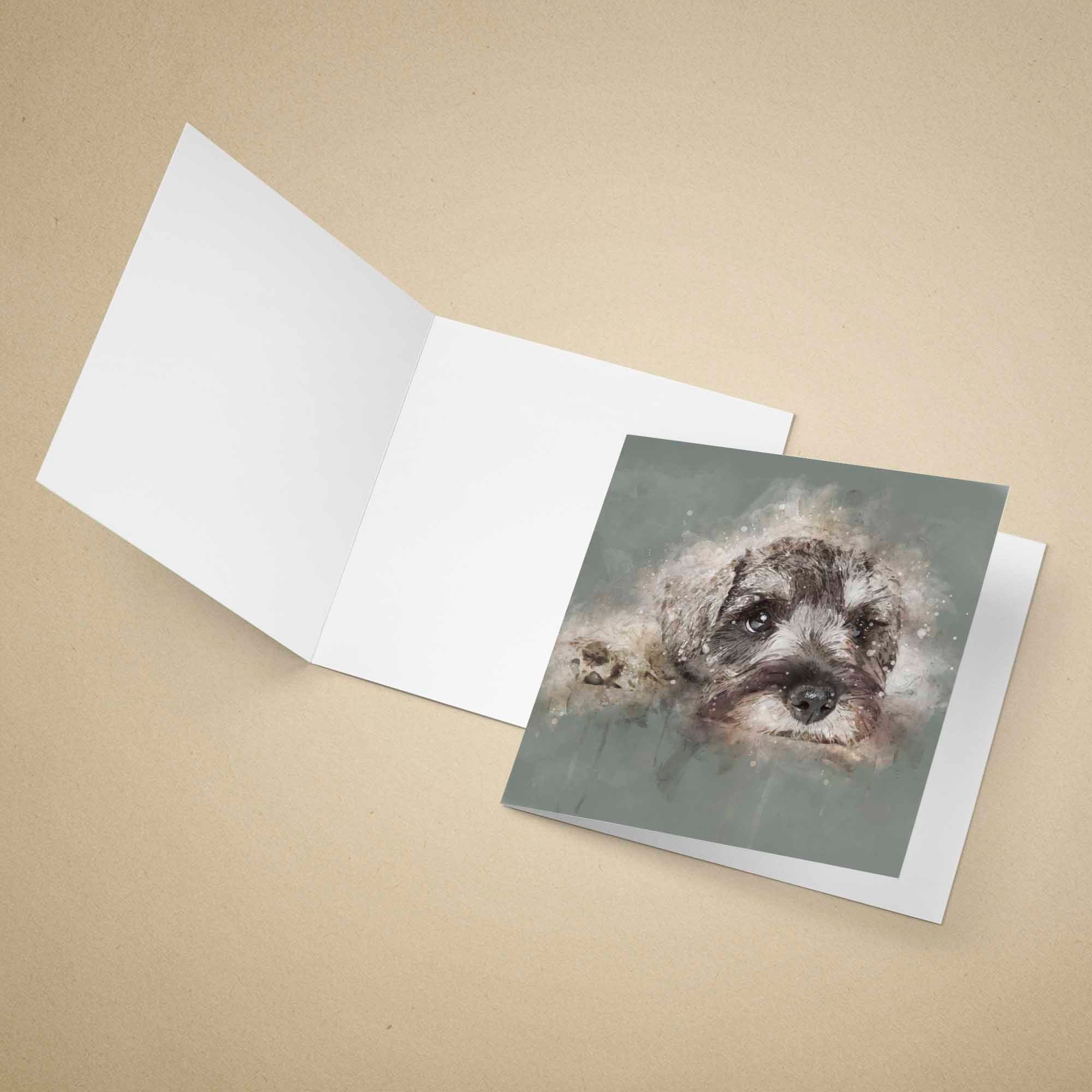 Greeting card with a Schnauzer dog illustration on a beige background