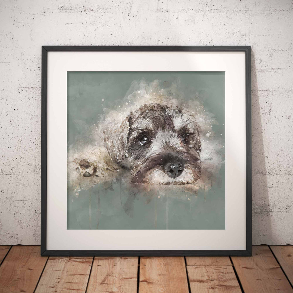 Framed artwork of a Schnauzer dog's face on a textured wall.