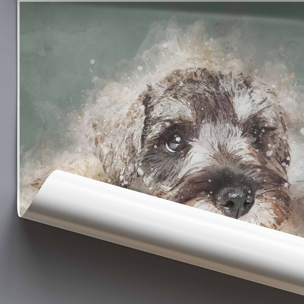 Rolled up poster of a Schnauzer dog on a grey backgorund.