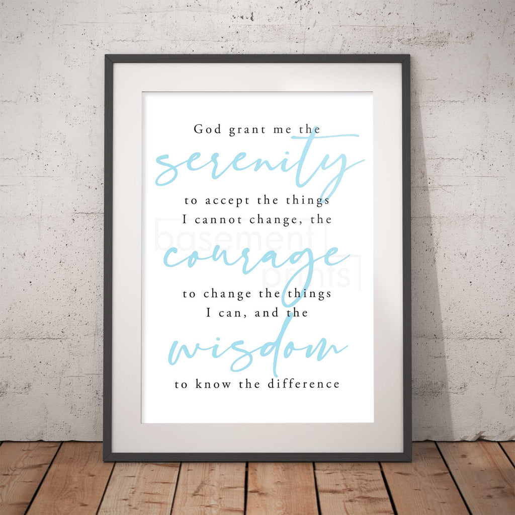 Framed print with Serenity Prayer on a brick wall background