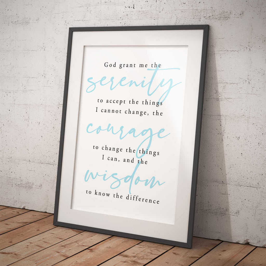 Framed print with Serenity Prayer on a white wall
