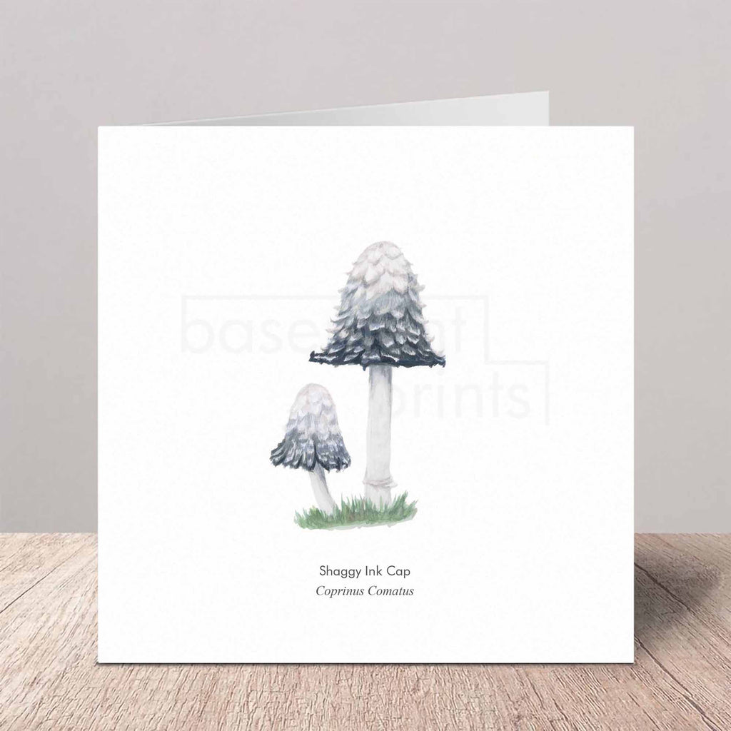 Greeting card with illustration of shaggy ink cap mushrooms on a wooden surface.