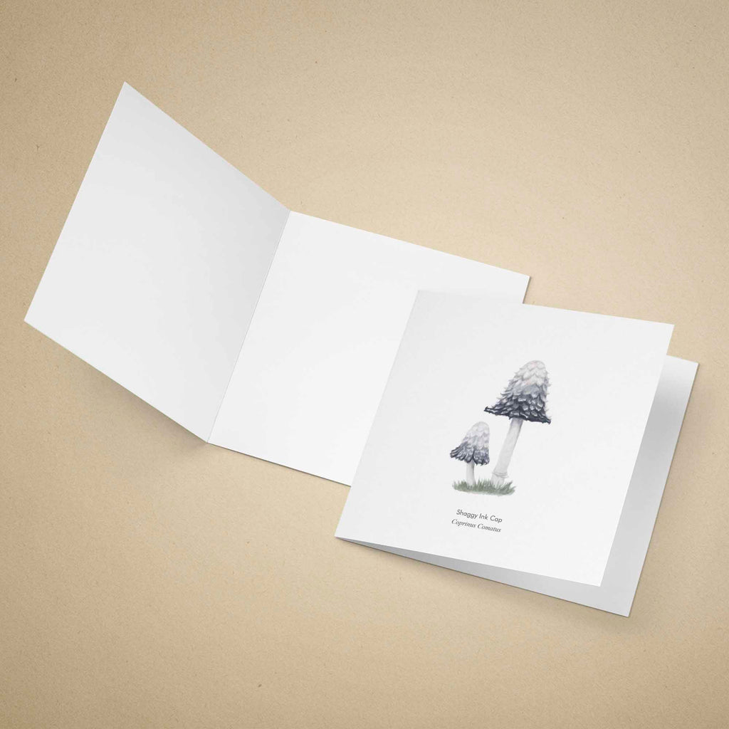 Greeting card with illustration of shaggy ink cap mushrooms on a beige background.