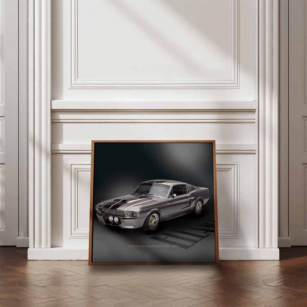Framed poster of a classic Ford Mustang GT500 car on a wall with wooden floor and white walls.