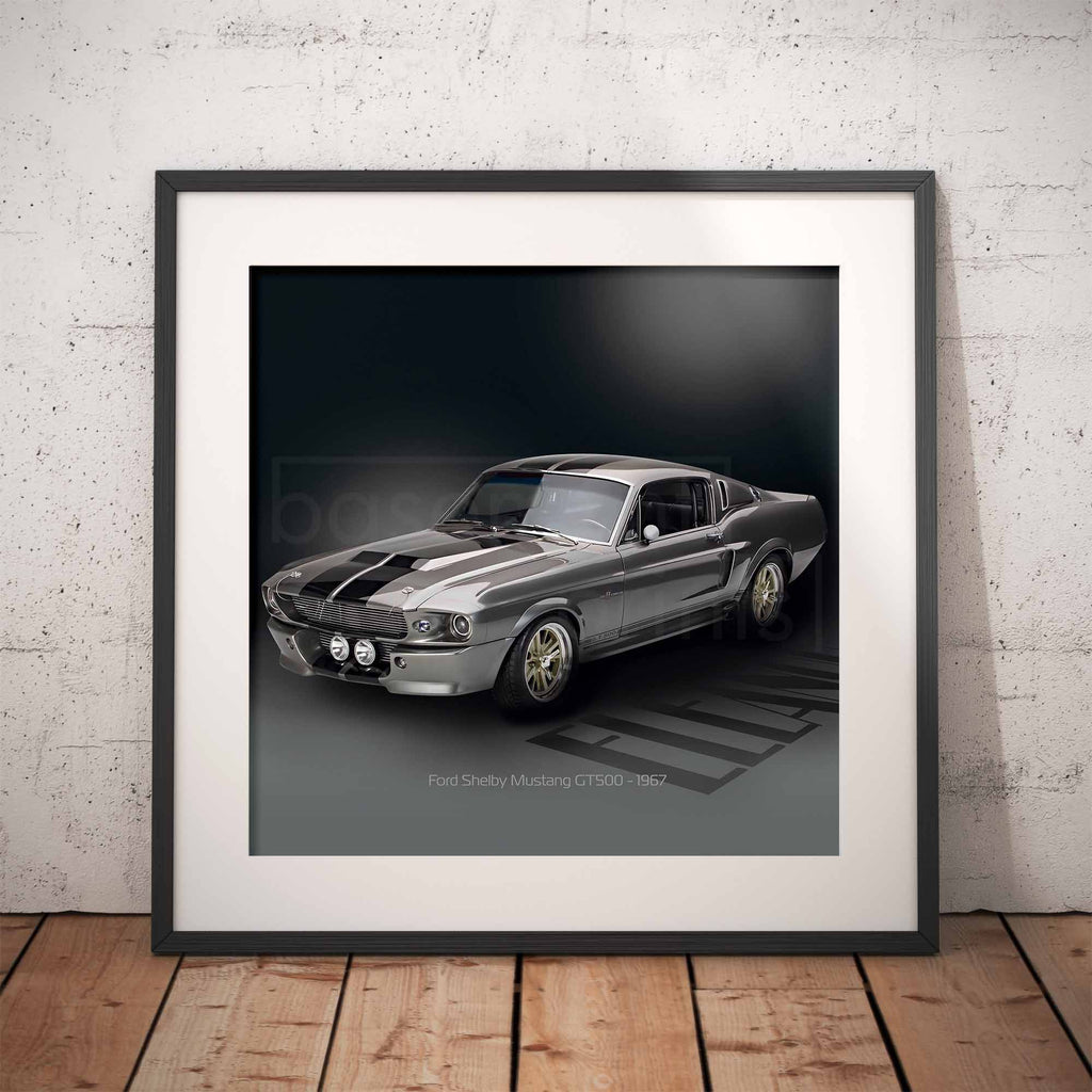 Framed black and white print of a classic Ford Mustang GT500 car on a textured wall.