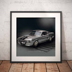 Framed black and white print of a classic Ford Mustang GT500 car on a textured wall.
