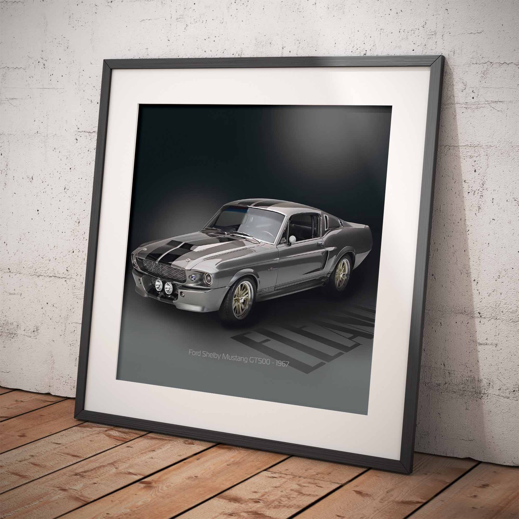 Framed black and white print of a classic Ford Mustang GT500 on a wooden floor with a concrete wall background