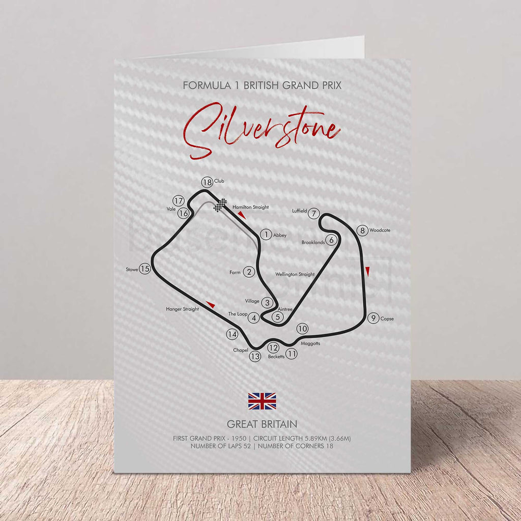 Greetings card of the Formula 1 British Grand Prix circuit at Silverstone on a textured surface.