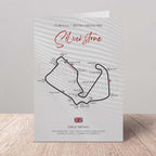 Greetings card of the Formula 1 British Grand Prix circuit at Silverstone on a textured surface.