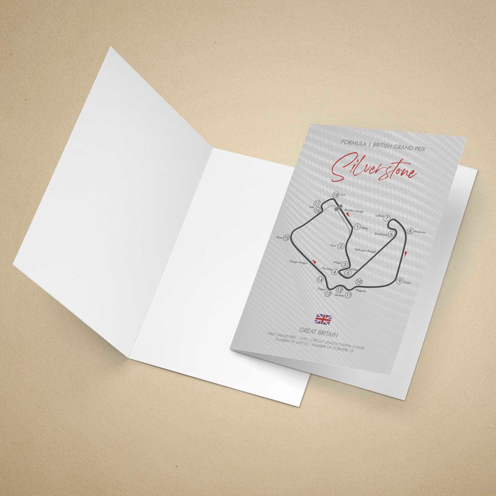 Greeting card with Silverstone race track design on a beige background
