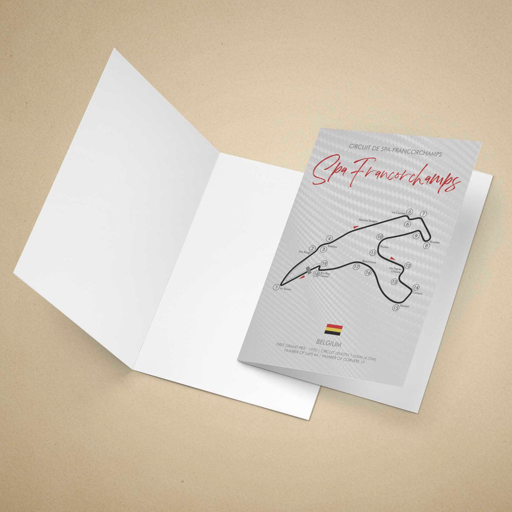 Greeting card with Spa-Francorchamps race track design on a beige background